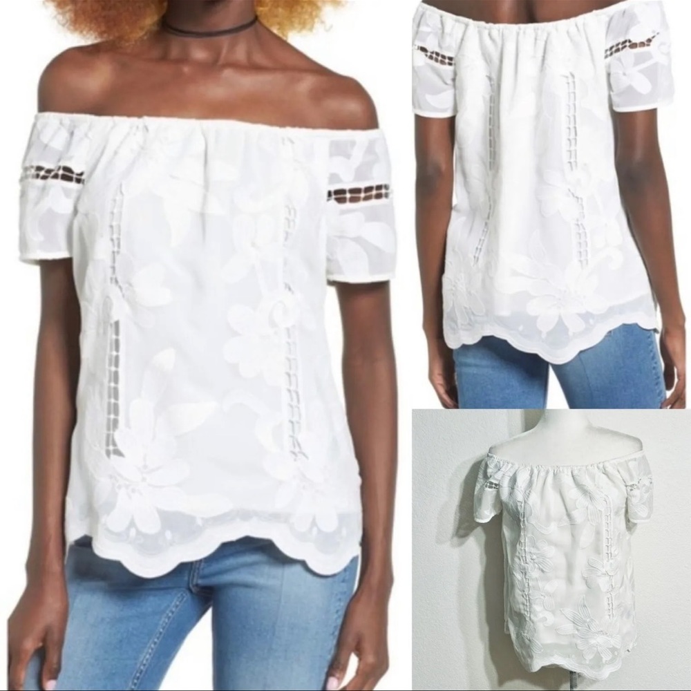 Wayf white shirt with embroidered lace overlay.